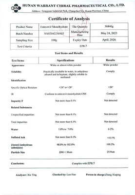 USD11--12/g for Entecavir monohydrate 98%-102%  CAS：209216-23-9  DMF/WC/COPP/ GMP  USP/in-houseDML